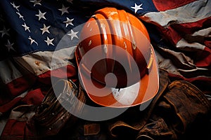 Happy Labor Day concept. American flag with a construction helmet on a dark background