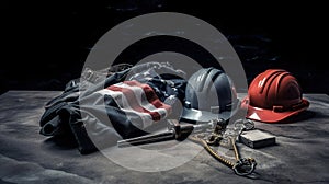 Happy Labor day concept. American flag with different construction tools on dark stone background, with copy space for text.