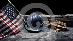 Happy Labor day concept. American flag with different construction tools on dark stone background, with copy space for text.