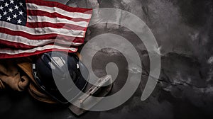 Happy Labor day concept. American flag with different construction tools on dark stone background, with copy space for text.