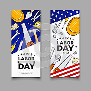 Happy labor day Construction tools american flag vector vertical banners collections