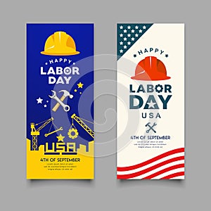 Happy Labor day Engineer cap with wrench, hammer vector and building