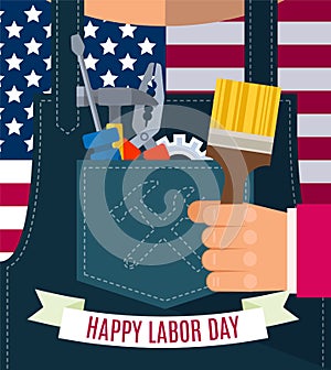 Happy Labor day Greetings Cards design Poster, banner, brochure, flyer with a worker in denim overalls holds a brush in