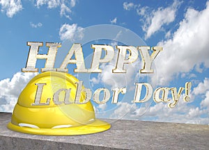 Happy labor day. Helmet on the concrete block on a background of clouds