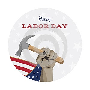 Happy Labor Day holiday banner. Man holds a working tool in his hand. Greeting card with United States national flag.. Flat vector