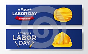 Happy labor day. international worker day. employee engineer with 3d safety yellow helmet with blue background