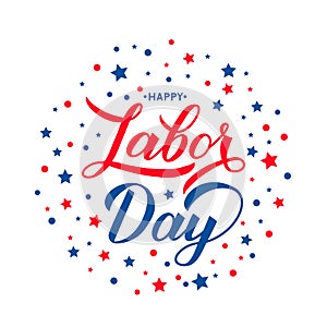 Happy Labor Day lettering with blue and red stars isolated on white. Vector template for typography poster, logo design, banner,