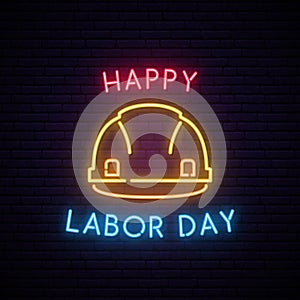 Happy Labor day. Neon helmet construction icon.