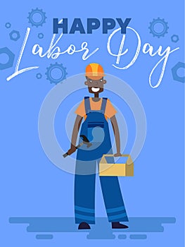 Happy labor day poster design with an african-american workman carrying a toolbox wearing a hardhat below text and