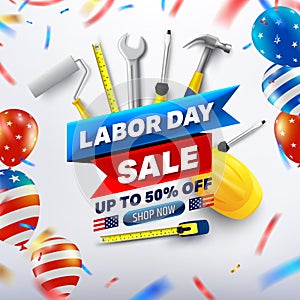 Happy Labor Day Sale 50% off poster.USA labor day celebration with American balloons flag.Sale promotion advertising Brochures,