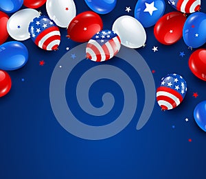 Happy Labor day sale, balloons and stars in national colors of american flag poster design on blue background