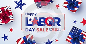 Happy Labor Day Sale banner. Festive design with gift boxes in national colors of american flag and pattern of stars.
