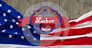 Happy labor day text over american flag against wooden background