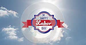 Happy labor day text and tool icons against clouds in blue sky