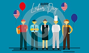 Happy labor day. various occupations people standing with american flag