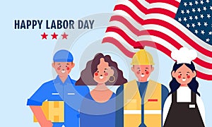 Happy labor day. various occupations people standing with american flag