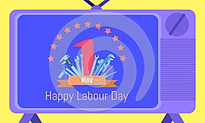 Happy labour day 1 may. tune your vacation time channel.engineering design concept with screwdriver wrench ruler vernier caliper