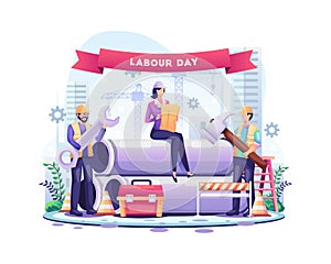 Happy Labour day. Construction workers are working on Labour Day On 1 May illustration
