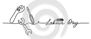 Happy Labour Day simple vector web banner. Set of tools. Lettering Labour Day. Black and white background, banner