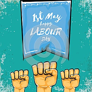 Happy labour day vector label with strong orange fist isolated on grunge turquoise background. vector happy labor day