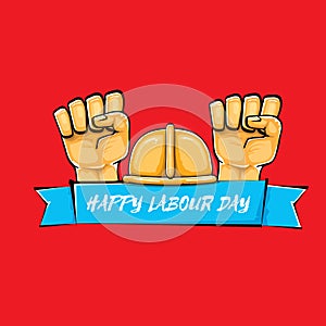 Happy labour day vector label with strong orange fist isolated on red background. vector happy labor day background with