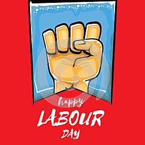 Happy labour day vector label with strong orange fist isolated on red background. vector happy labor day background with