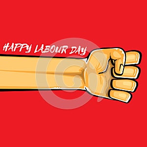 Happy labour day vector label with strong orange fist isolated on red background. vector happy labor day background with