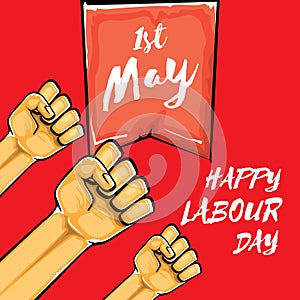 Happy labour day vector label with strong orange fist isolated on red background. vector happy labor day background with