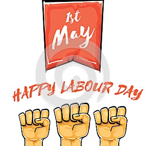Happy labour day vector label with strong orange fist isolated on white background. vector happy labor day background
