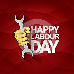 Happy labour day vector label with strong orange fist on red background. labor day background or banner with man hand