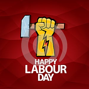 Happy labour day vector label with strong orange fist on red background. labor day background or banner with man hand