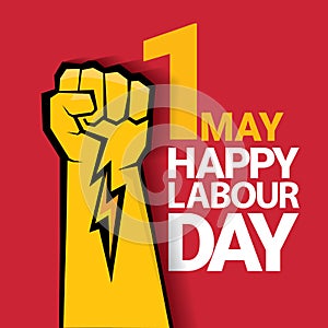 Happy labour day vector label with strong orange fist on red background. labor day background or banner with man hand