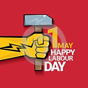 Happy labour day vector label with strong orange fist on red background. labor day background or banner with man hand