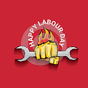 Happy labour day vector label with strong orange fist on red background. labor day background or banner with man hand