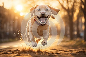 Happy labrador dog jumping with funny expression. ai generative