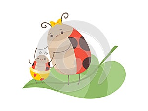 Happy Ladybug Family, Mother Ladybug and Her Baby Sitting on Green Leaf, Cute Cartoon Flying Insects Characters Vector