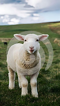 Happy lamb exudes joy while grazing in field photo