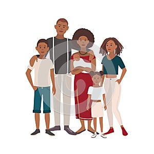 Happy large black family portrait. Father, mother, sons and daughters together. Vector illustration of a flat design.