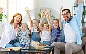 Happy large family mother father and children   at home