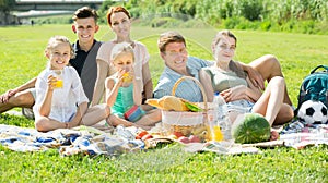 happy large family of six having picnic on green lawn in park