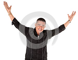 Happy latino man with raised arms