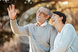 Happy, laugh and senior couple in a park on an outdoor date for romance, bonding or love. Smile, talking and elderly man