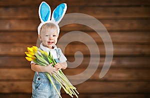 Happy laughing baby boy in bunny ears with yellow tulips on wo