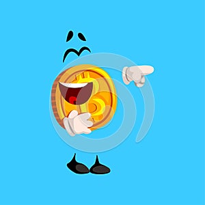 Happy laughing bitcoin character pointing at something, crypto currency emoticon vector Illustration on a sky blue