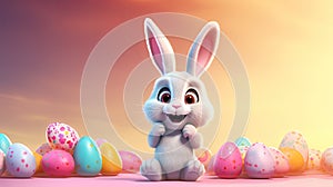 Happy, laughing, cartoon bunny rabbit with colorful easter eggs around on the pastel color background