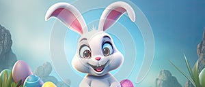 Happy, laughing, cartoon bunny rabbit with colorful easter eggs around on the pastel color background