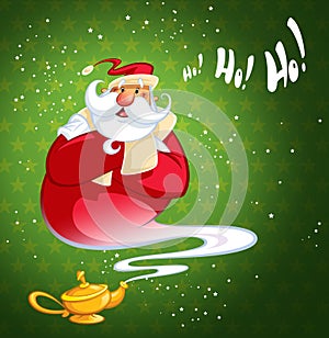 Happy laughing cartoon genie Santa Claus coming out of a magic o