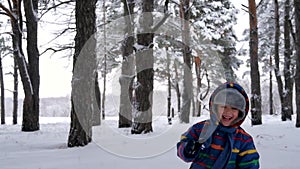 A happy laughing child runs towards a moving stedikam camera in a forest or park. A little boy plays running through the