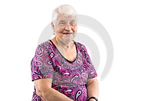 Happy laughing elderly lady with white hair