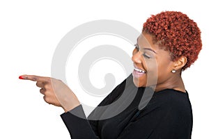 Happy, laughing woman, pointing finger at someone